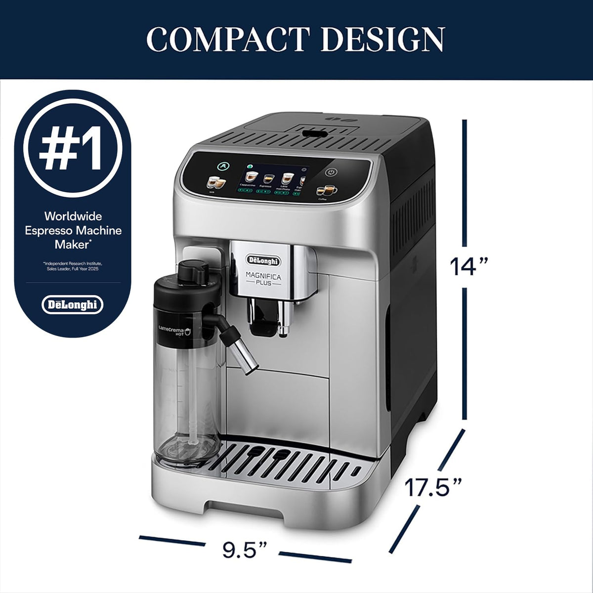 De'Longhi Magnifica Duo Automatic Espresso Machine, Milk Frother, Silver | #1 Worldwide Espresso Machine Maker, 20 One-Touch Recipes, Hot & Cold Milk Frother, Built-In Grinder, Touchscreen Display