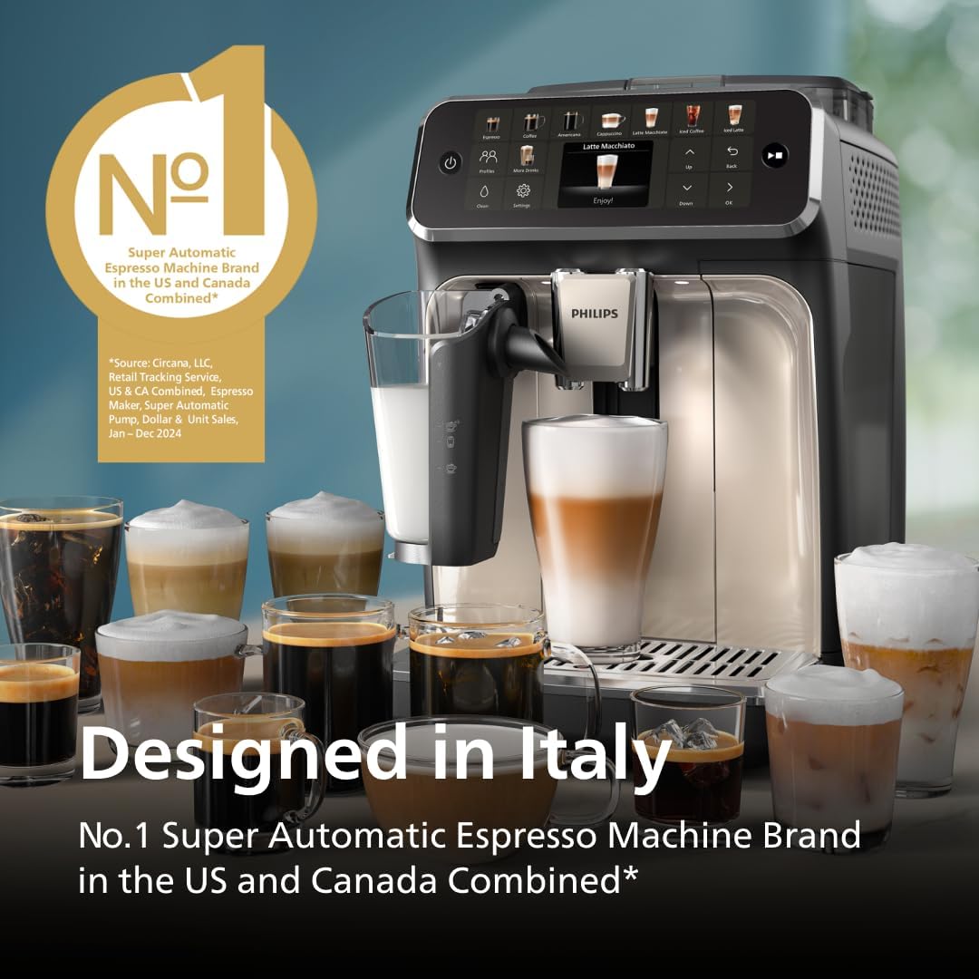 PHILIPS 5500 Series Fully Automatic Espresso Machine, LatteGo Milk System | 20 Hot & Iced Coffee Pre-Sets customize coffee strength, milk and cup size, QuickStart, ceramic grinder, 15 bars EP5544/94)