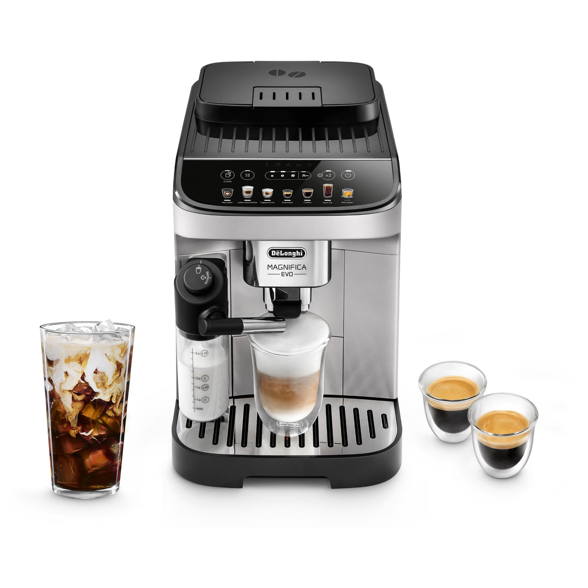 De'Longhi Magnifica Duo Automatic Espresso Machine, Milk Frother, Silver | #1 Worldwide Espresso Machine Maker, 20 One-Touch Recipes, Hot & Cold Milk Frother, Built-In Grinder, Touchscreen Display