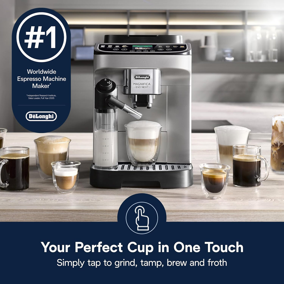 De'Longhi Magnifica Duo Automatic Espresso Machine, Milk Frother, Silver | #1 Worldwide Espresso Machine Maker, 20 One-Touch Recipes, Hot & Cold Milk Frother, Built-In Grinder, Touchscreen Display