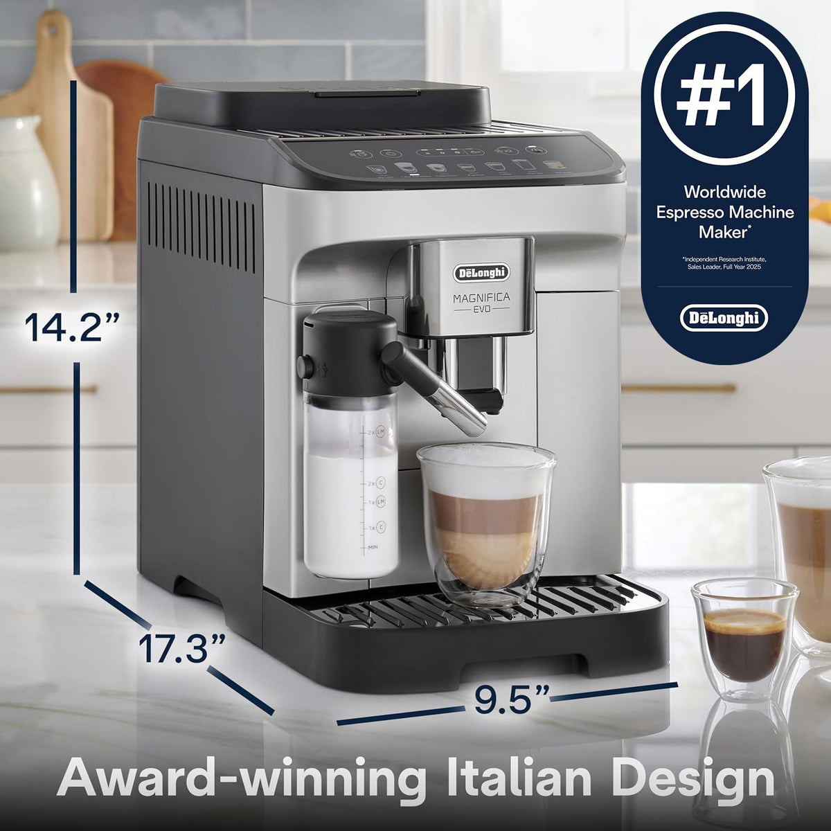 De'Longhi Magnifica Duo Automatic Espresso Machine, Milk Frother, Silver | #1 Worldwide Espresso Machine Maker, 20 One-Touch Recipes, Hot & Cold Milk Frother, Built-In Grinder, Touchscreen Display