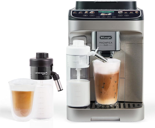 De'Longhi Magnifica Duo Automatic Espresso Machine, Milk Frother, Silver | #1 Worldwide Espresso Machine Maker, 20 One-Touch Recipes, Hot & Cold Milk Frother, Built-In Grinder, Touchscreen Display