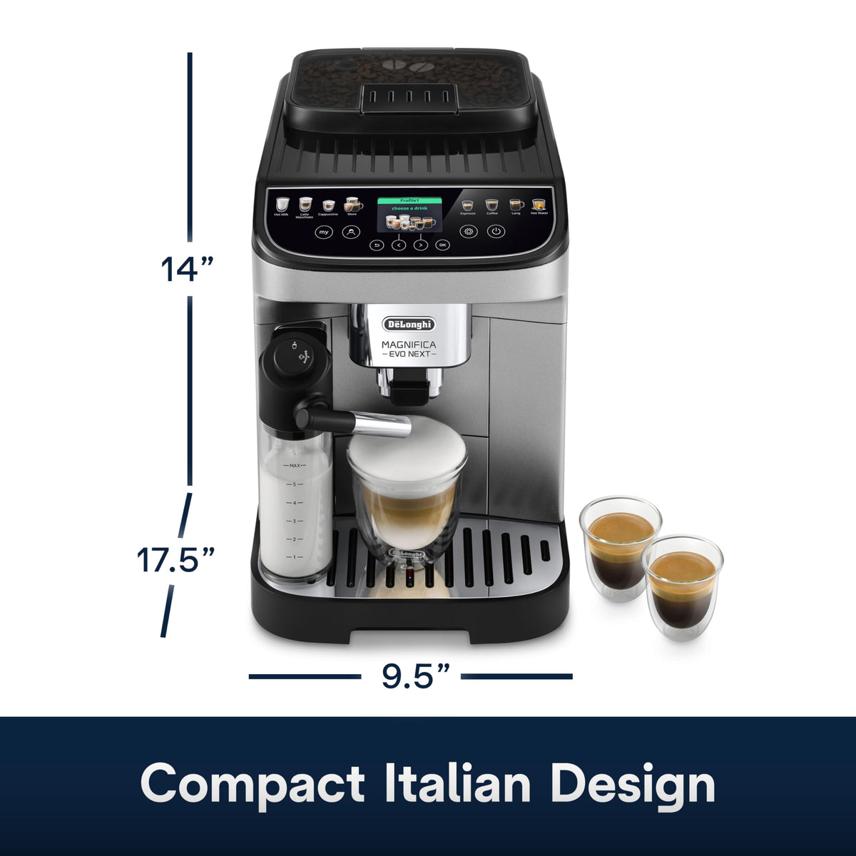 De'Longhi Magnifica Duo Automatic Espresso Machine, Milk Frother, Silver | #1 Worldwide Espresso Machine Maker, 20 One-Touch Recipes, Hot & Cold Milk Frother, Built-In Grinder, Touchscreen Display