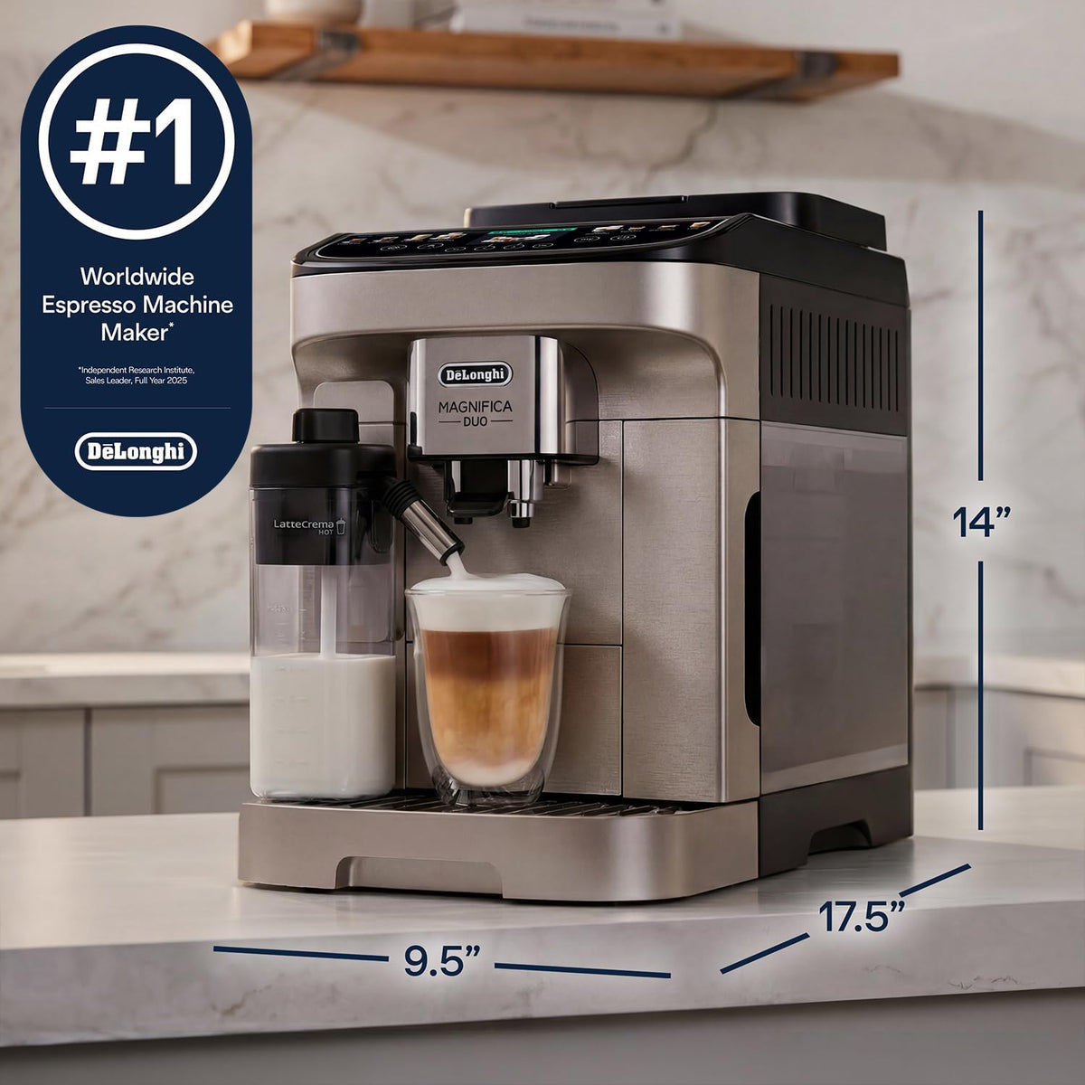 De'Longhi Magnifica Duo Automatic Espresso Machine, Milk Frother, Silver | #1 Worldwide Espresso Machine Maker, 20 One-Touch Recipes, Hot & Cold Milk Frother, Built-In Grinder, Touchscreen Display