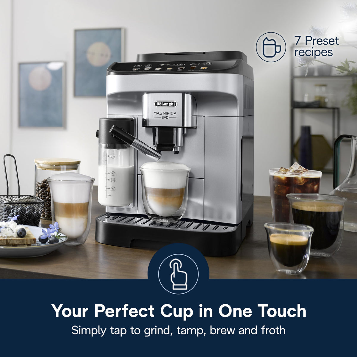 De'Longhi Magnifica Duo Automatic Espresso Machine, Milk Frother, Silver | #1 Worldwide Espresso Machine Maker, 20 One-Touch Recipes, Hot & Cold Milk Frother, Built-In Grinder, Touchscreen Display