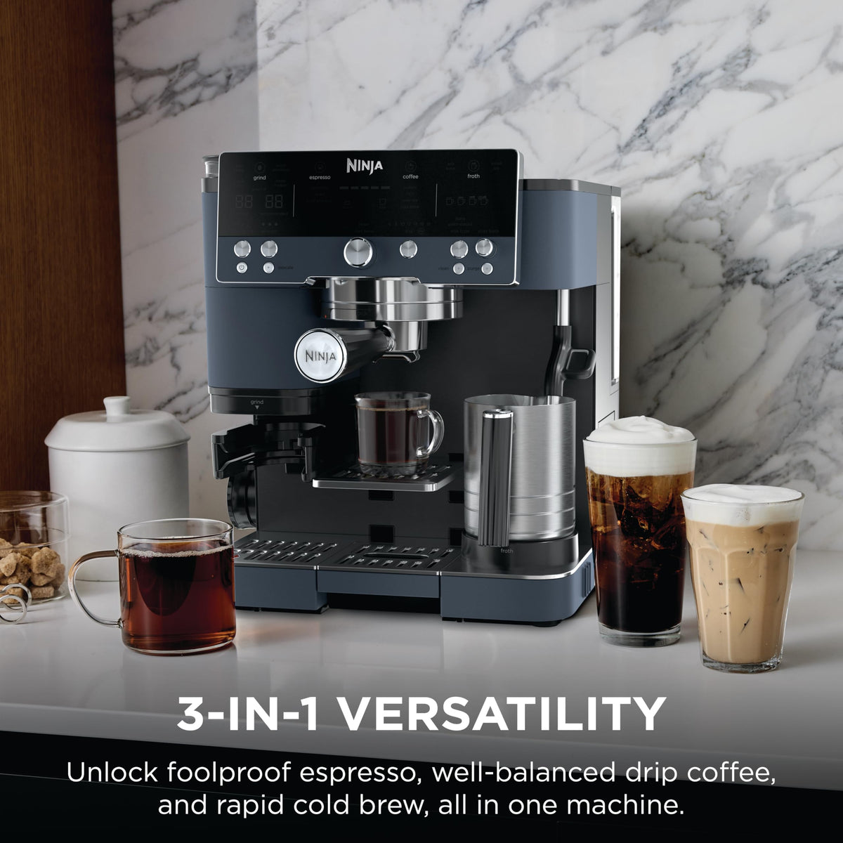 Ninja Luxe Café Premier 3-in-1 Espresso Machine, Drip Coffee, & Cold Brew | Built-in Grinder, Hands-Free Milk Frother, and Assisted Tamper for Cappuccinos & Lattes, Stainless Steel, ES601