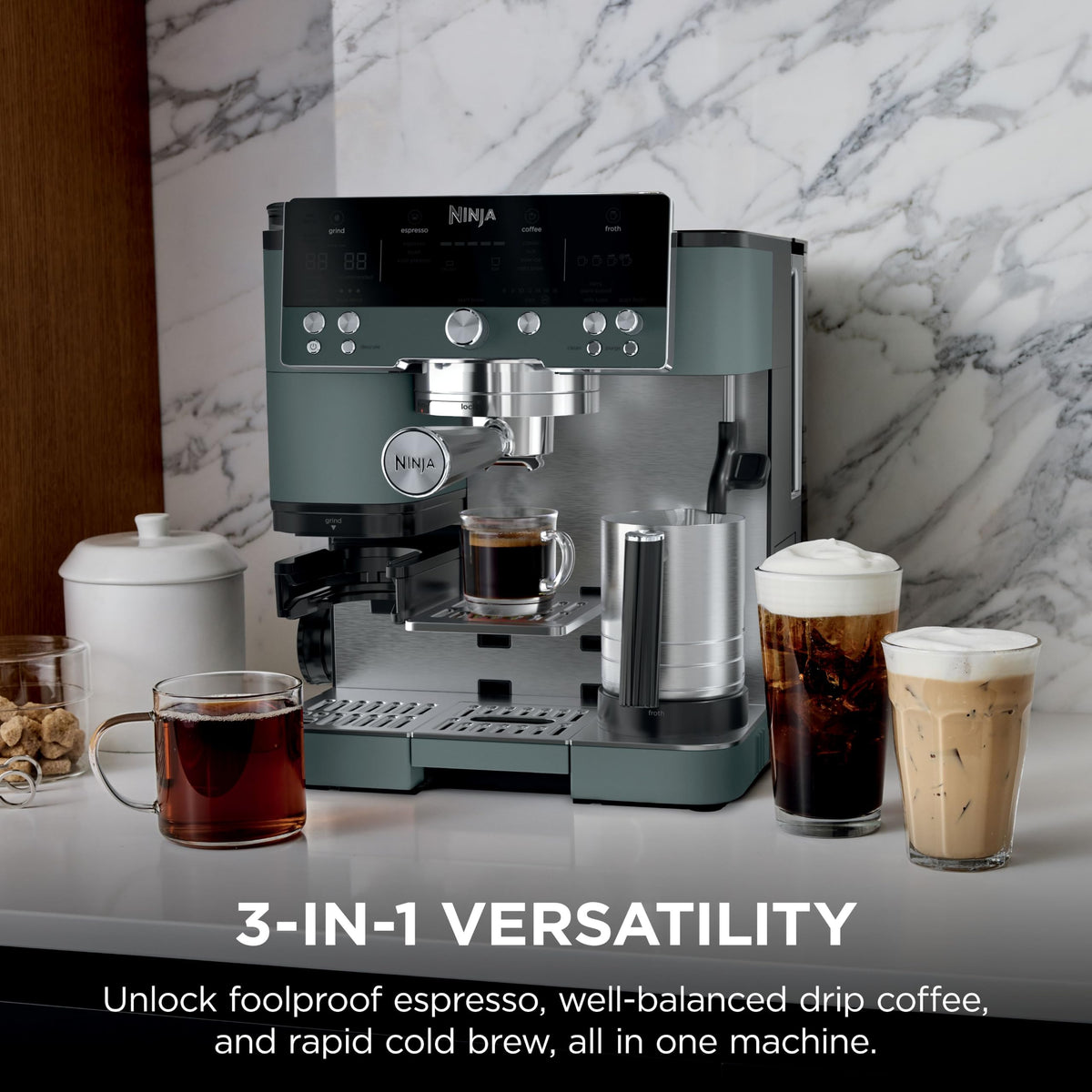 Ninja Luxe Café Premier 3-in-1 Espresso Machine, Drip Coffee, & Cold Brew | Built-in Grinder, Hands-Free Milk Frother, and Assisted Tamper for Cappuccinos & Lattes, Stainless Steel, ES601