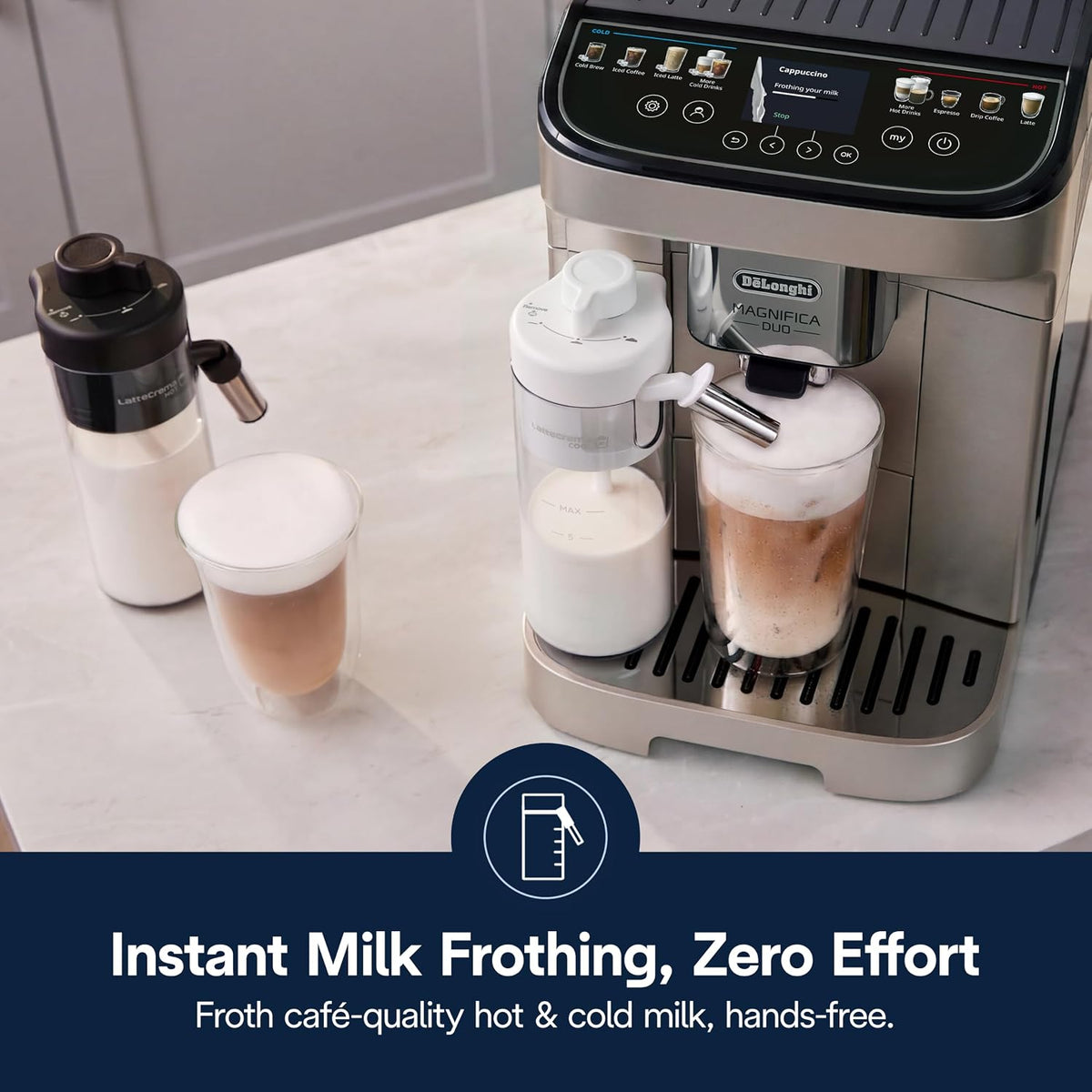 De'Longhi Magnifica Duo Automatic Espresso Machine, Milk Frother, Silver | #1 Worldwide Espresso Machine Maker, 20 One-Touch Recipes, Hot & Cold Milk Frother, Built-In Grinder, Touchscreen Display