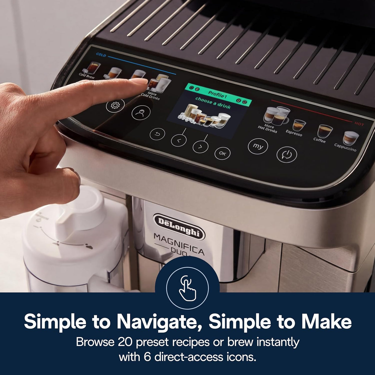 De'Longhi Magnifica Duo Automatic Espresso Machine, Milk Frother, Silver | #1 Worldwide Espresso Machine Maker, 20 One-Touch Recipes, Hot & Cold Milk Frother, Built-In Grinder, Touchscreen Display