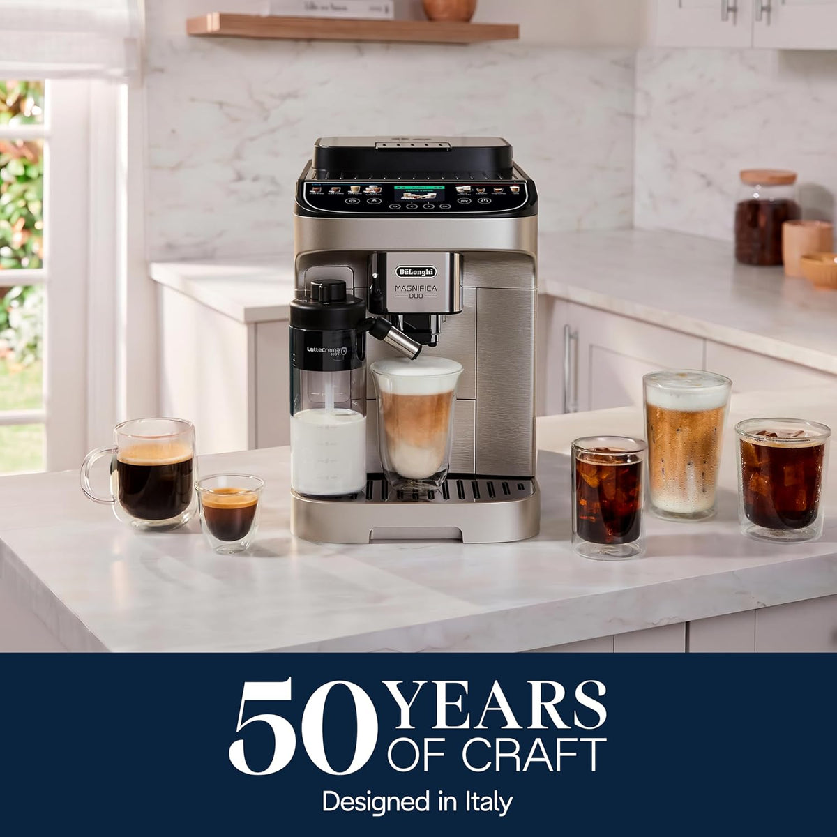De'Longhi Magnifica Duo Automatic Espresso Machine, Milk Frother, Silver | #1 Worldwide Espresso Machine Maker, 20 One-Touch Recipes, Hot & Cold Milk Frother, Built-In Grinder, Touchscreen Display