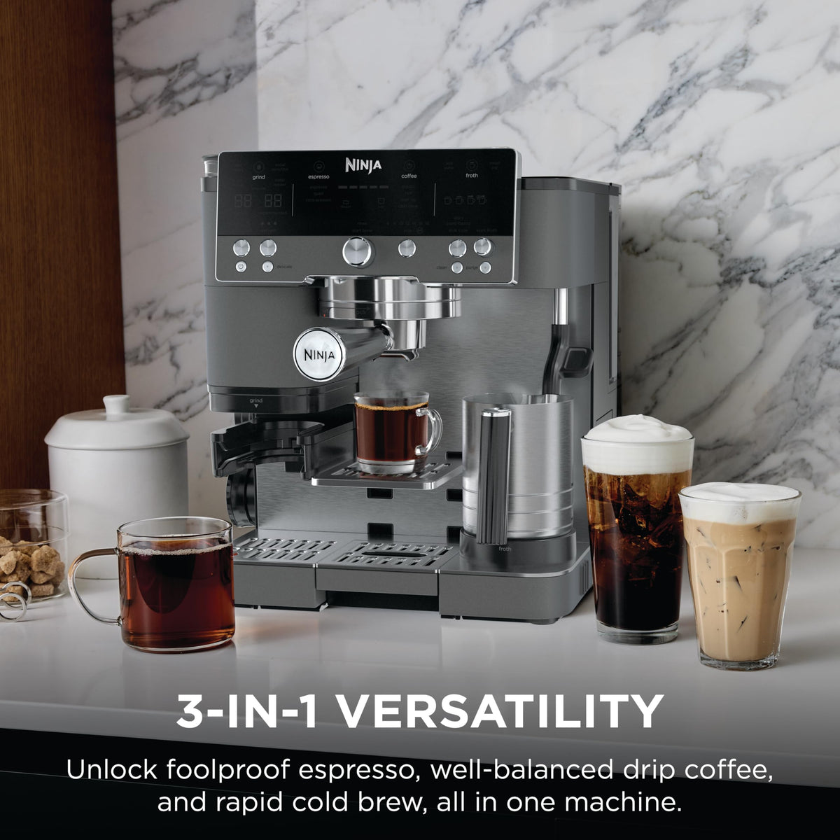 Ninja Luxe Café Premier 3-in-1 Espresso Machine, Drip Coffee, & Cold Brew | Built-in Grinder, Hands-Free Milk Frother, and Assisted Tamper for Cappuccinos & Lattes, Stainless Steel, ES601